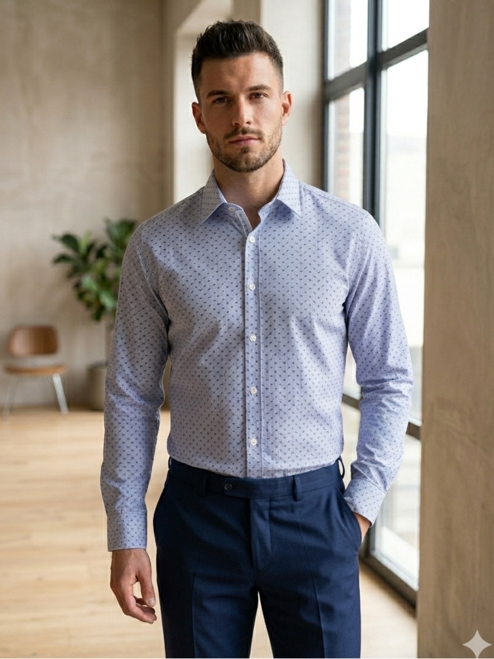 Love Moschino Light Blue Patterned Button Down Slim Dress Shirt - Small (Medium)